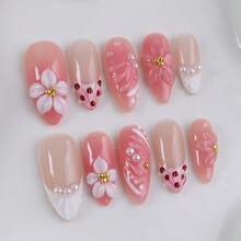 10pcs Handmade Wearable Short Almond Shaped Nail Stickers, 3D Carved, Hand-Painted Polka Dot & Floral Patterns, Luxury Handcrafted Nail Decor, Add Fashionable Touch, Y2K Style, Elegant & Cute, Suitable For Women & Girls, Each Set Includes 1 Nail File & 1 Double-Sided Adhesive - Multicolor - View 11