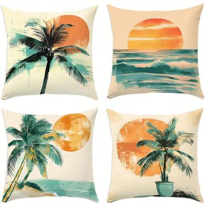 Bộ 4 vỏ gối trang trí phong cách Bohemian nhiệt đới, họa tiết bãi biển, mặt trời, cây cọ, có khóa kéo, là món quà trang trí nhà cửa ý nghĩa, phù hợp cho ghế sofa, ghế dài, giường, phòng khách và trang trí ngoài trời. Không bao gồm ruột gối.