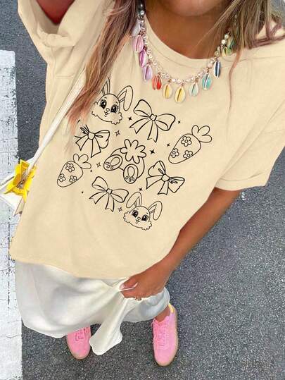Easter Bunny Bow Carrot Print T-Shirt, Cute Casual Short Sleeve Tee Summer