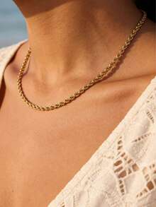 18K Gold Plated Rope Chain Necklace, Bohemian Style Gold Tone Delicate Twist Chain Necklace For Beach Vacation - Gold - View 1
