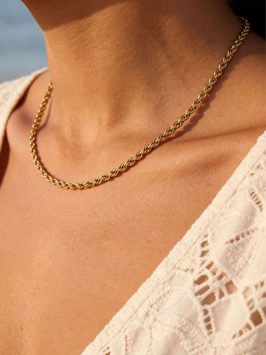 18K Gold Plated Rope Chain Necklace, Bohemian Style Gold Tone Delicate Twist Chain Necklace For Beach Vacation - Gold - View 1