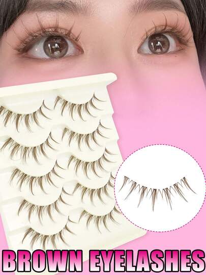 5 Pairs Korean & Japanese Brown Pointed Tail Cartoon Eyelashes, Natural Curly Fluffy Fresh Cute Devil Big Eyes False Eyelashes, One-Piece Style For Beginners, 009