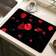 1pc Kitchen Counter Drying Mat, Absorbent Non-Slip Coffee Pad, Heat Resistant Countertop Decor For Coffee Bar, Dining Table, Multiple Styles Available - Black Background With Red Rose Petals and Star-shaped Dots - View 13