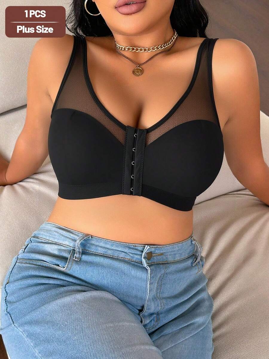 1pc Plus Size Front Closure Bra, Mesh Panel Wide Strap Non Underwire Bra, Comfort Support Everyday Wear Women Intimates Lingerie - Black - View 1