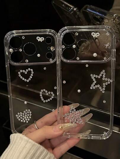 Luxury Bling Rhinestone Love Heart Star Pearl Bowknot Clear Phone Case Compatible With IPhone 17 Pro Max 17 Pro 17 16 Pro Max 16 Pro 16 15 Pro Max 15 Pro Max 15 Pro 15 14 Pro Max 14 Pro 14 13 Pro Max 13 Pro 13 Lens Protect Transparent PC Hard Back Cover Stylish Women Girl Gift