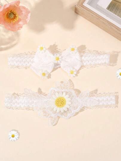 2 chiếc băng đô ren trắng cho bé, nơ hoa cúc trang trí, băng đô cài tóc cho trẻ sơ sinh, trẻ nhỏ, trẻ mới sinh, băng đô nylon co giãn, phụ kiện cài tóc dự tiệc cưới, quà tặng ngày lễ, phụ kiện tóc cho bé.