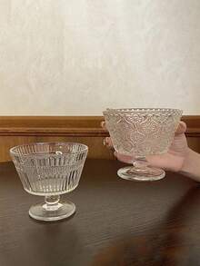1pc Embossed Pattern Transparent Glass Coffee Cup, Dessert Cup, Ice Cream Cup, Glass Water Cup, Yogurt Cup, Pudding Cup, Retro Style - Multicolor - View 9