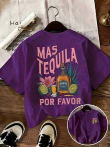 Nuevas  de moda: Camiseta casual de mujer INAWLY con estampado de hojas de limón y letras, cuello redondo, para primavera/verano, diseño Tequila Sunrise Cocktail Margarita Glass Beverage. - Gris 2 - Ver 1