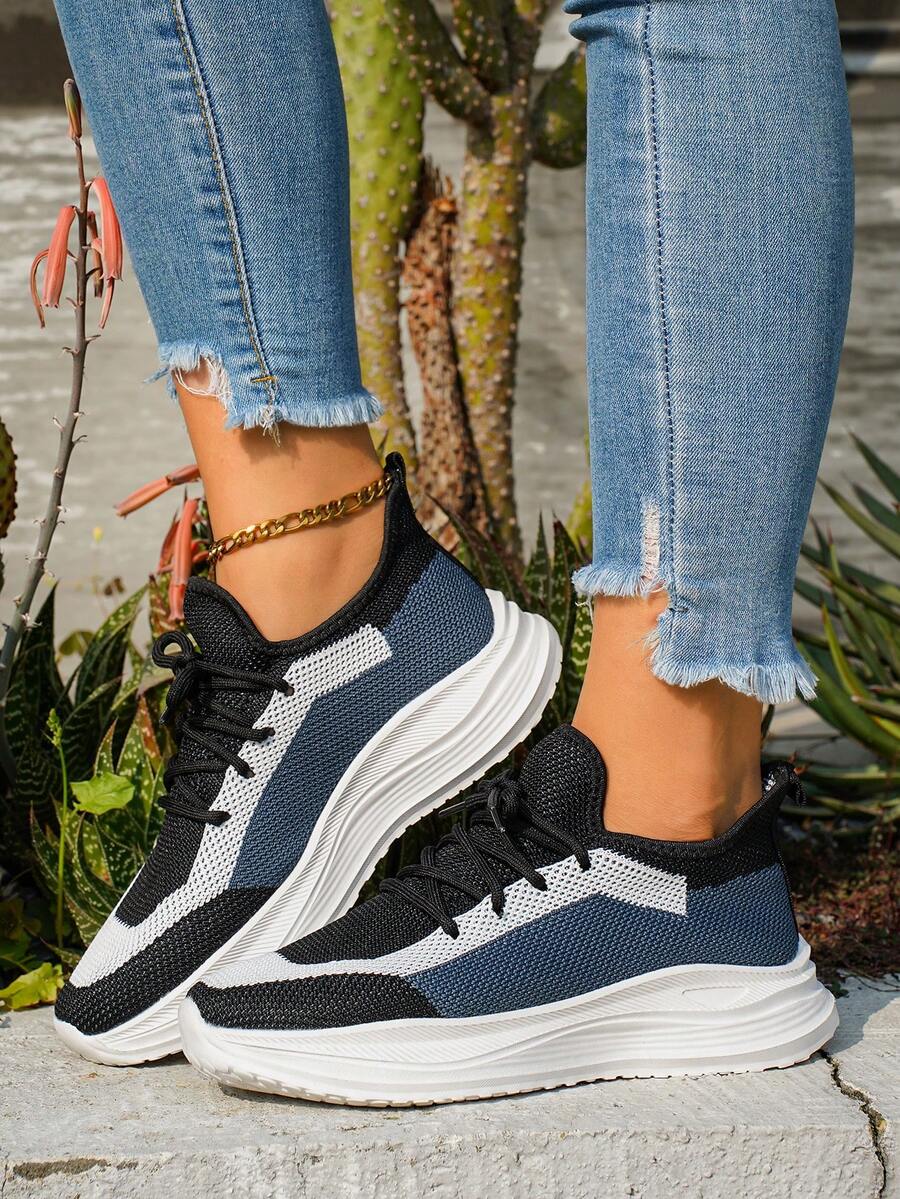 Giày thể thao nữ đế dày, kiểu dáng thường ngày, phần thân trên bằng vải dệt kim thoáng khí, kiểu buộc dây. - màu đen - Xem 1