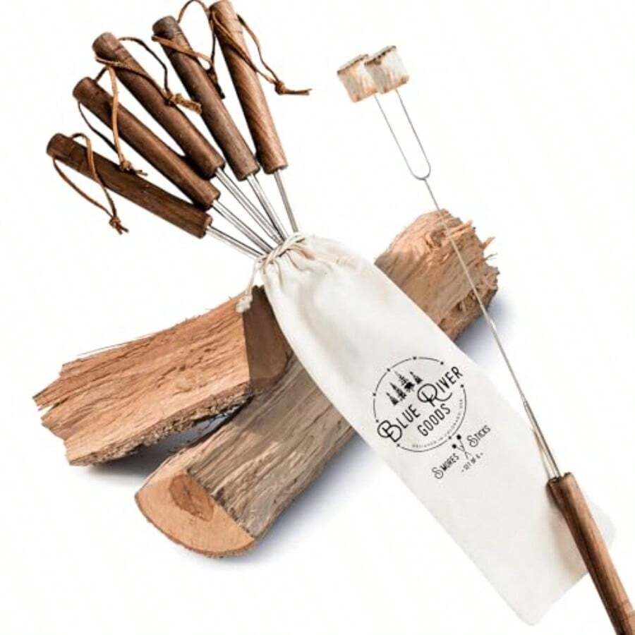 Smores Sticks Set of 6 Marshmallow Sticks for Fire Pit Stainless Steel w/Walnut Handles Smore Sticks for Marshmallow Roasting Sticks Smore Sticks for Fire Pit Smores Sticks for Fire Pit Long - Natural - Ver 1