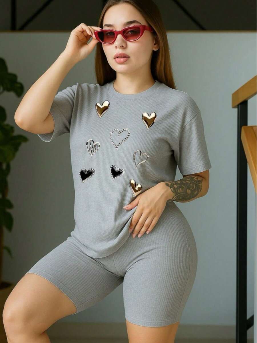 Conjunto de Dos Piezas Mujer Estilo Deportivo Moderno, Outfit Cómodo y Versátil Con Estampado De Corazon