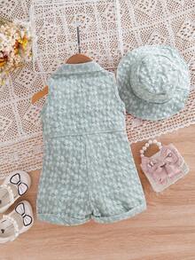 Summer Baby Girls' Fashionable Floral Decor Lapel Romper & Bucket Hat Set - Mint Green - View 2