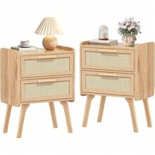 Rattan Nightstands Set Of 2, Night Stand With 2 Drawers, Cane Accent Side End Table, Bedside Table With Solid Wood Legs For Bedroom, Dorm And Small Spaces (Natural) - 木頭 - 查看 1