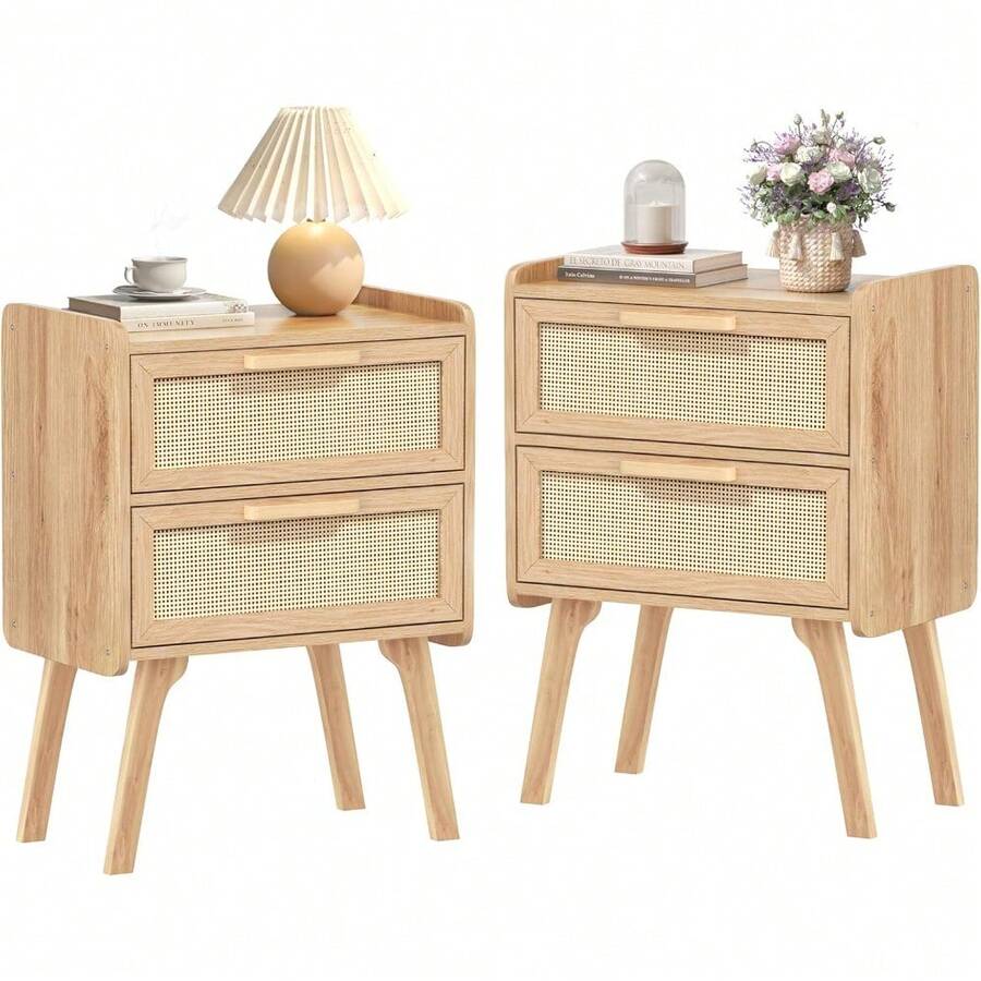 Rattan Nightstands Set Of 2, Night Stand With 2 Drawers, Cane Accent Side End Table, Bedside Table With Solid Wood Legs For Bedroom, Dorm And Small Spaces (Natural) - 木頭 - 查看 1