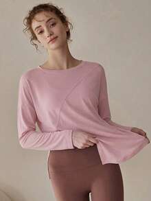 Never me Women's Loose Fit Yoga Tops, Long Sleeve Workout T-Shirt For Running, Pilates, Fitness, Autumn/Winter Spring - Dusty Pink - View 4