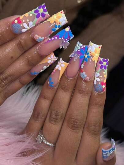 24 piezas Uñas postizas cuadradas largas con puntas francesas brillantes y coloridas, con diseños de flores, perlas y mariposas 3D, estilo encantador de mujer, fácil de usar, set de uñas acrílicas falsas que incluye 1 pieza de pegamento de gelatina y 1 pieza de lima de uñas, suministros de uñas adecuados para uso diario de mujeres y niñas y todo tipo de fiestas