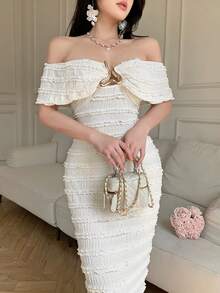 Đầm dài ôm sát cơ thể màu mơ thanh lịch, lãng mạn, trễ vai, dây mảnh, xếp ly, bèo nhún dành cho nữ, thích hợp cho tiệc tùng, dạ hội, lễ tốt nghiệp, mùa lễ hội, mùa cưới, mùa nghỉ mát, mùa xuân hè. - Màu be - Xem 5