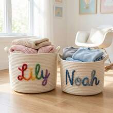 Personalized Woven Rope Storage Basket, Customized Name Baby Room Organizer Basket, Suitable For Baby Clothes, Toys, Towels – Handmade Cotton Basket Home Decor - Multicolor - View 7