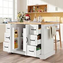 Mobile Kitchen Island, Kitchen Unit, Kitchen Trolley With 2 Doors And 6 Drawers, With Wheels, (120x45(75)X91 Cm), White/Black - White - View 4