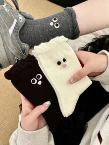 女士无缝系带袜，吸湿排汗，可爱卡通大眼睛设计，中筒长度，系带设计，适合夏季，薄款日系风格，甜美洛丽塔蕾丝JK袜 - 彩色 - 查看 5