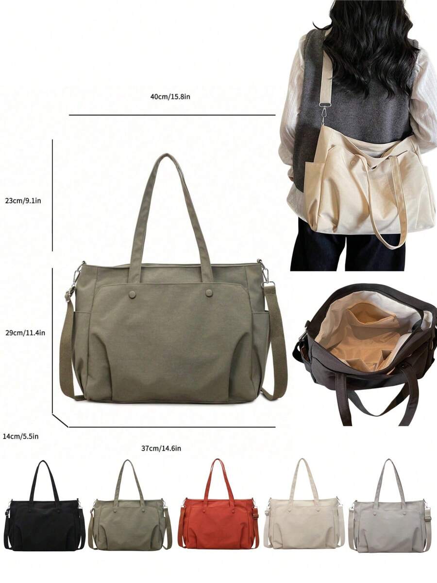 1pc Beige Soft Faux Leather Multi-Pocket Large Capacity Tote Bag, Suitable For Daily Commute