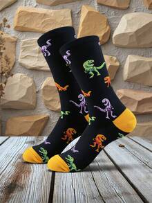 GNIM HL 1 Pair Colorblock Animal Print Men's Mid-Calf Socks, Featuring Dinosaur, Evil Eye, And Sloth Designs - Black - View 6