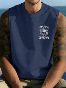 Fractyr Men's Casual Sports Outdoor Vest | Minimalist Coconut Tree, Sun And Letter Print | Exquisite Design | Summer Essential | Multifunctional Easy To Wear | Perfect Gift For Friends | Showcase Unique Personalized - Navy Blue - View 2