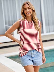 Women's Summer Striped Crewneck Sleeveless Loose Fit Basic Casual Tank Tops - 紅色條紋 - 查看 3