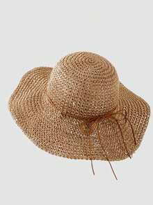 1pc Women's Crochet Wide Brim Foldable Straw Hat, Minimalist Fashion Versatile, Suitable For Summer Beach Vacation - B - View 16