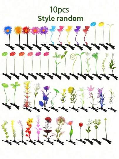 10pcs Random Mixed Faux Plant & Butterfly Hair Clips Set, Cute Grass Mushroom Flower Hair Clips For Women & Girls, Ideal For School, Family Gatherings, Christmas & Easter Gifts, Including Claw Clips, Hair Pins, Hair Slides And Various Hair Accessories