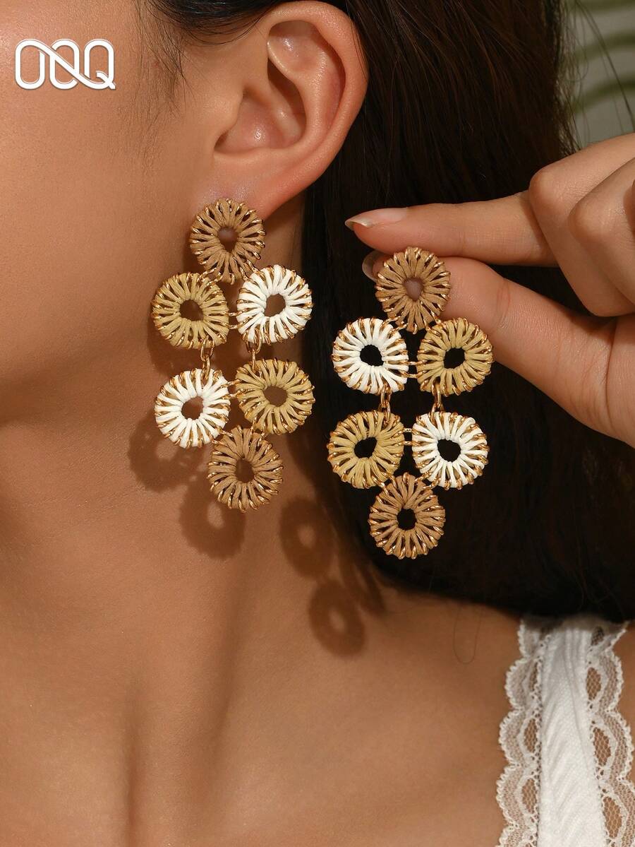 OOQ 1 đôi bông tai vòng hình học đan thủ công kiểu dáng nghỉ hè, thiết kế tối giản đầy màu sắc lấy cảm hứng từ dopamine, thích hợp để đeo hàng ngày, làm quà tặng Ngày của Mẹ, Ngày Valentine, hoặc đi nghỉ mát ở bãi biển (Làm thủ công, hướng và hình dạng ngẫu nhiên) - Cà phê trắng - Xem 1