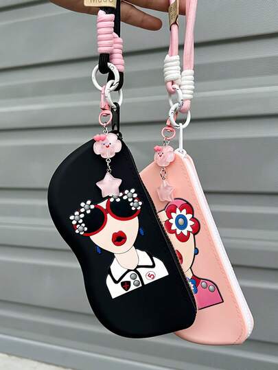 1 Women's Silicone Fashion Zipper Glasses Case - Color Blocked Zipper Storage Bag With Elegant Card Set Goddess Pattern, Cute White Cloud And Star Pendant, Lightweight Portable Coin Wallet, Swimming Pool Accessories, Fashion Glasses Dustproof Sorting Box; High Quality Silicone Material, Waterproof And Shockproof, Specially Designed For Glasses And Fashion Glasses To Prevent Dust From Entering, Suitable As A Gift, Mother's Day Gift, Holiday Gift For Daughters, Girlfriends, And Wives.