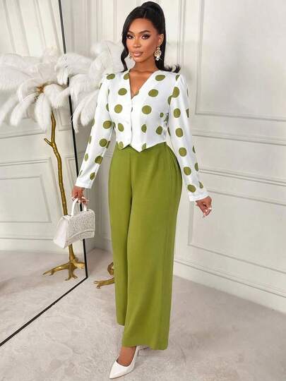 Women's White & Green Polka Dot Elegant V-Neck Long Sleeve Top And Wide Leg Pants 2-Piece Set, Vintage Fashion Commuter Office Suit, Autumn/Winter Spring Vacation
