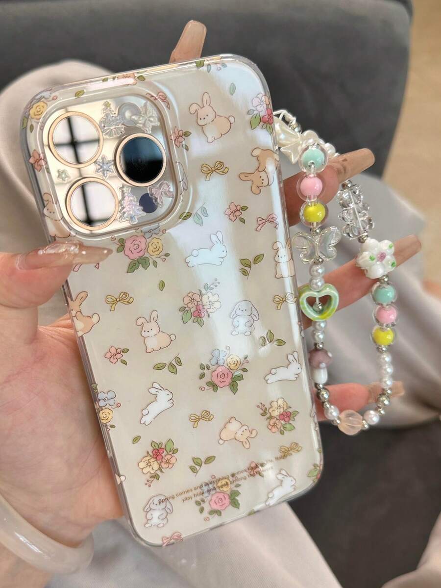 可愛兔子與花卉塗鴉多巴胺色調軟手機殼，適用於 iPhone 17 Pro Max、17 Pro、16、15 Pro Max、14 Pro Max、13、12 Pro Max、17 Air、15 Plus、11，卡通夏季風格附蝴蝶結熊掛繩