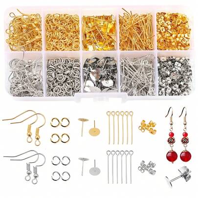 Bộ phụ kiện khuyên tai 1060 món - Bao gồm móc khuyên tai, vòng đơn, khóa bướm và chốt cài khuyên tai (vàng và bạc) - Dùng cho việc tự làm trang sức.