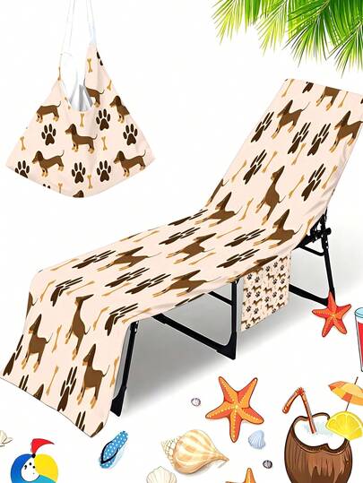 1pc Dachshund Printed 3D Beach Chair Cover With Pocket, Summer Sunbed Towel Cover, Suitable For Garden, Outdoor, Pool, Vacation