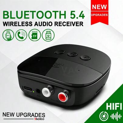 VAORLO 蓝牙5.4音频接收器，带RCA、3.5mm AUX、USB接口，立体声，NFC无线适配器，内置麦克风，兼容车载功放，支持U盘/TF卡