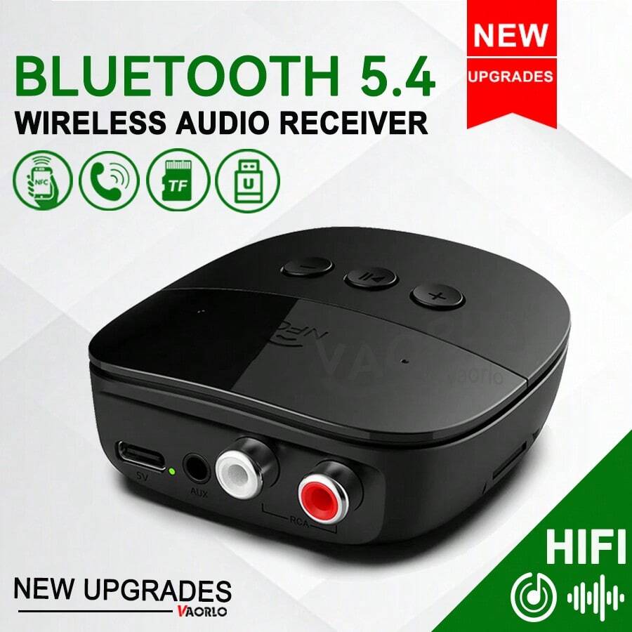 VAORLO 蓝牙5.4音频接收器，带RCA、3.5mm AUX、USB接口，立体声，NFC无线适配器，内置麦克风，兼容车载功放，支持U盘/TF卡 - A - 查看 1