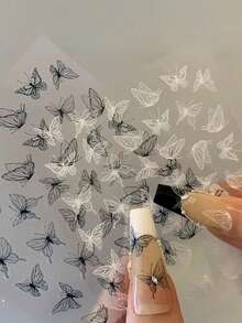 1/2pcs New 3D Hand-Painted Butterfly Nail Stickers, Hollow Liquid Minimalist Black & White Butterfly Nail Art Decals, Suitable For DIY Nail Design - Multicolor - View 1