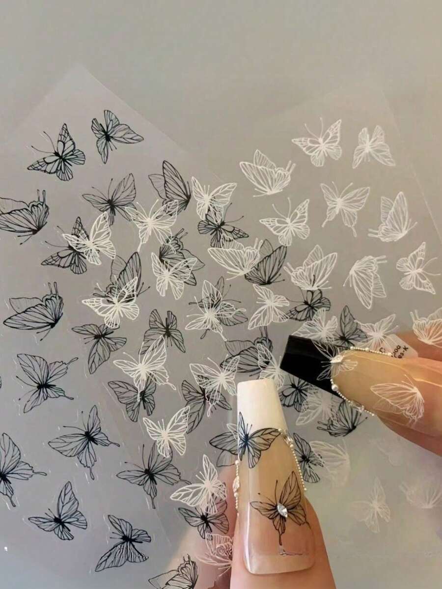 1/2pcs New 3D Hand-Painted Butterfly Nail Stickers, Hollow Liquid Minimalist Black & White Butterfly Nail Art Decals, Suitable For DIY Nail Design - Multicolor - View 1