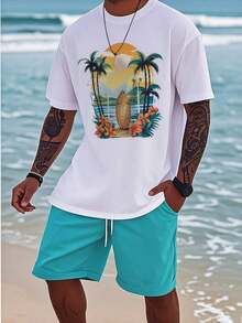 180g, Corte Holgado con Cuello Redondo, Lavable a Máquina, Camiseta Negra con Estampado de Palmeras y Atardecer para Vacaciones de Verano, Salidas Familiares y Uso Casual, Ropa Casual Cómoda - Blanco - Ver 6