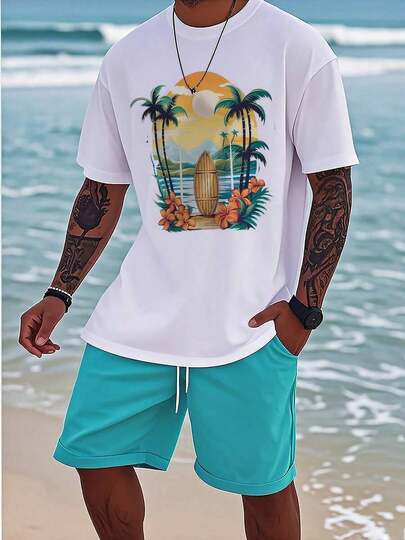 Men's Tropical Beach Graphic T-Shirt - 180g Lightweight Breathable Fabric, Relaxed Fit Round Neck, Machine Washable Black Tee With Palm Tree & Sunset Print For Summer Vacation, Family Outings & Casual Wear, Comfortable Casualwear