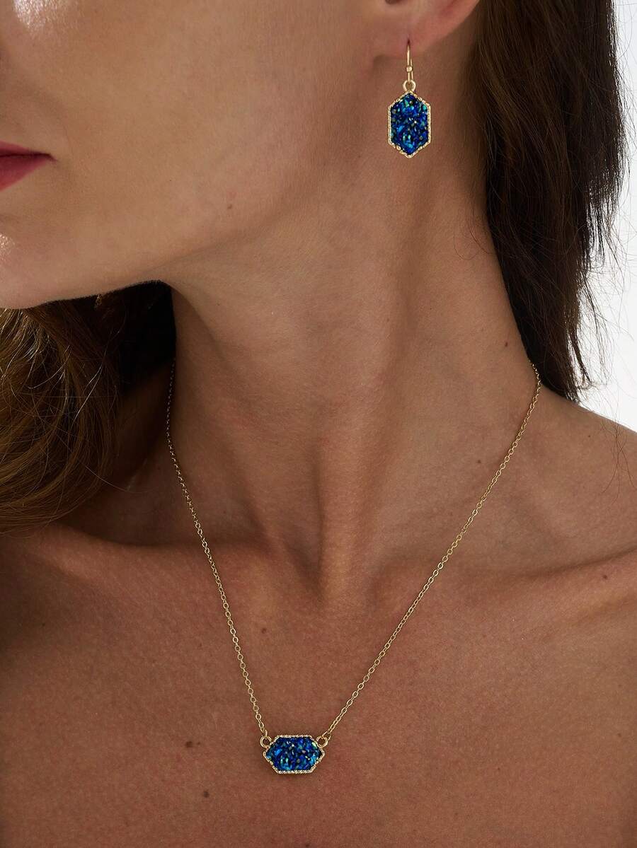 3pcs/Set Women Rhombus Necklace And Earrings Set, Suitable For Daily Wear