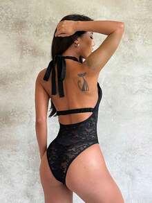 Women Sexy Cutout Lace Halter Bodysuit, Suitable For Music Festival, Summer Black - 黑色 - 查看 5
