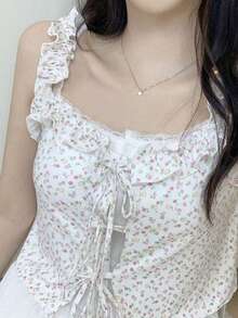 2025 Spring/Summer Designed Lace-Up Floral Print Women Short Sleeveless Tank Top Casual White - White - View 3