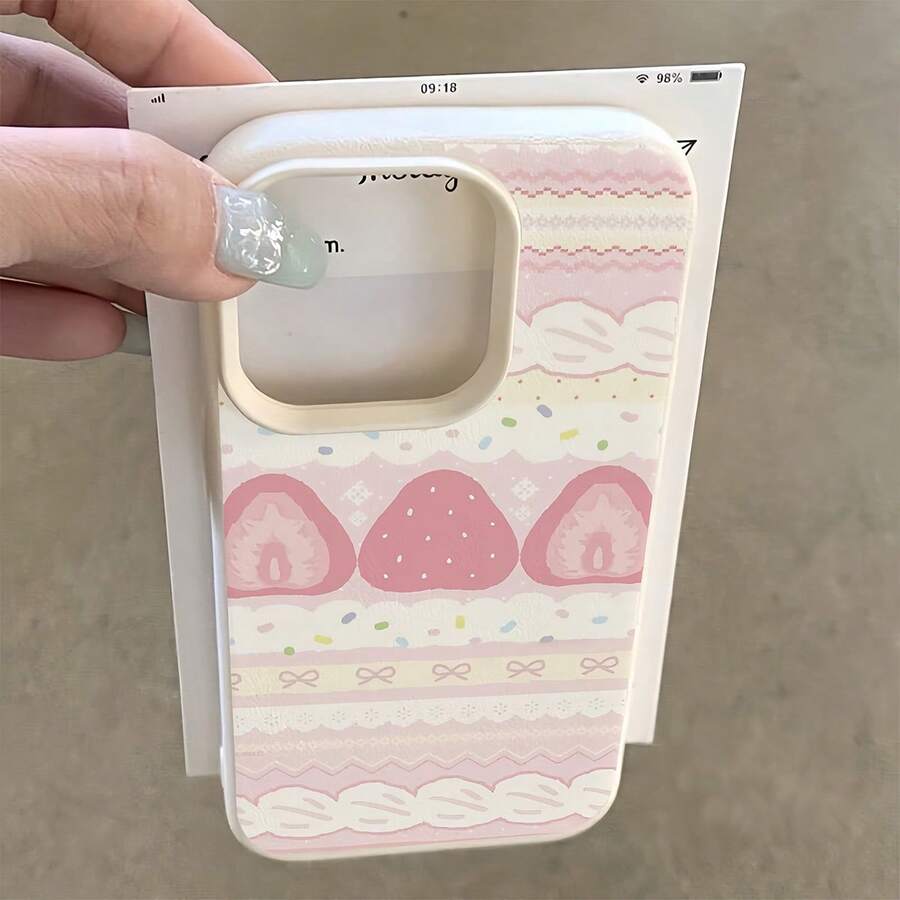 蝴蝶结图案单件装白色荔枝纹理磨砂镜头保护手机壳，简约粉色草莓蝴蝶结拼图图案，可个性化定制，兼容 16 Pro Max、17/16/15/14 Plus/13/12/11、Air，兼容三星系列 - 彩色 - 查看 1