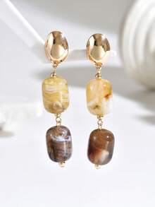 1 Pair Elegant Fashion Bohemian Gold Stud Earrings With Marble Water Ripple Ink Pattern Faux Turquoise Pendant, Multiple Dopamine Colorful Pattern Plastic Block Pendant Earrings, Women's Sophisticated Sexy Earrings Suitable For Vacation, Party And Daily Wear, Simple Versatile Designed For Charming Women, Bead Color And Pattern Random - Multicolor - View 6