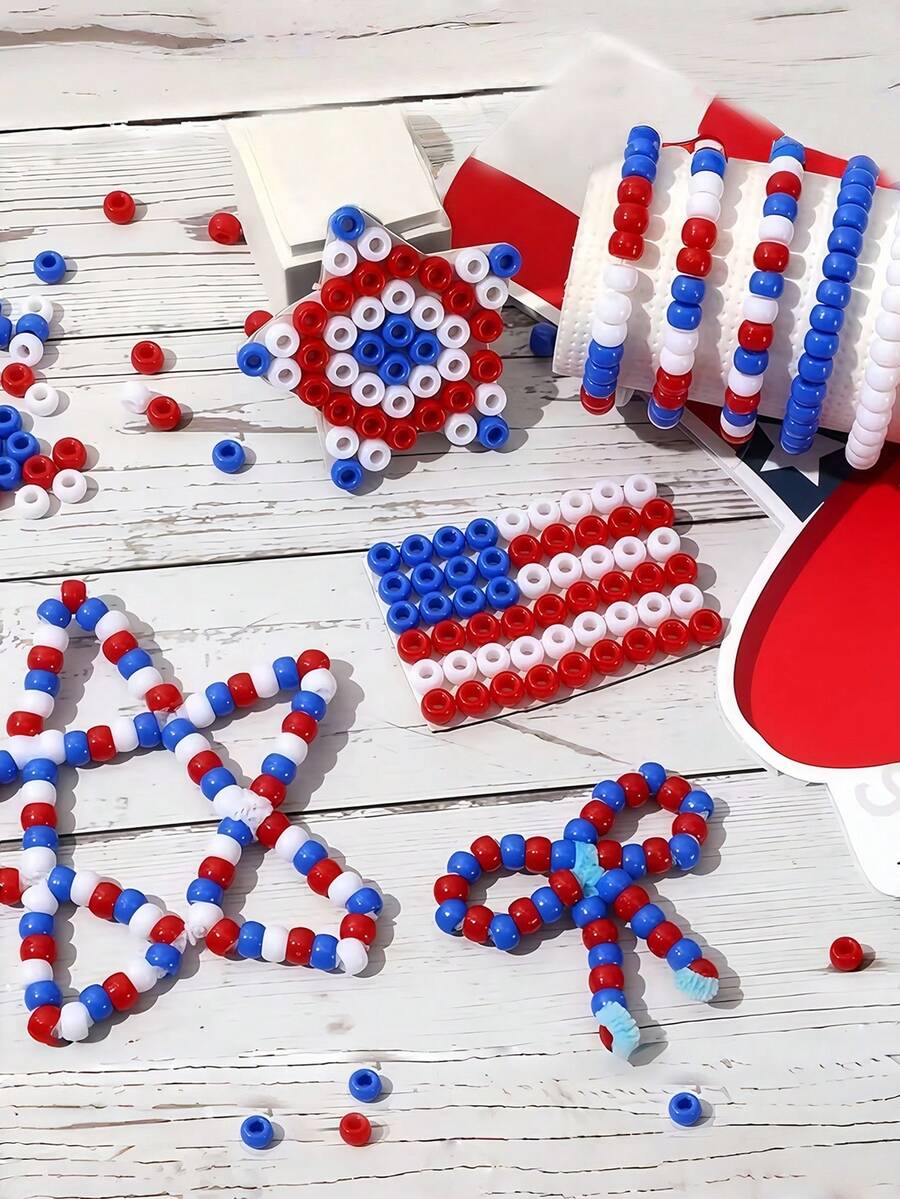4th Of July DIY Craft Project Red White Blue Acrylic Beads, Suitable For Making Bracelets, Braiding, Decorations, 4th Of July Memorial Decorations, Red White Blue Pom Pom Beads, Suitable For Making 4th Of July Decorations, Friendship Bracelets, Jewelry Necklaces And Handicrafts - Multicolor - View 1