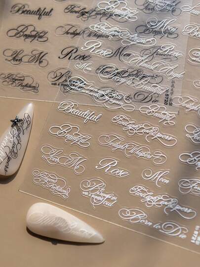 1张薄而坚韧的白色花卉美甲贴纸，英文名言美甲贴纸，DIY美甲装饰贴纸