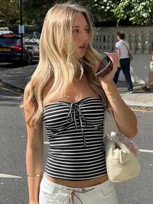 Women's Striped Strapless Cropped Tube Top, Sleeveless Tie-Front High Stretch Fabric, Fashionable & Comfortable Summer Style - Black - View 2